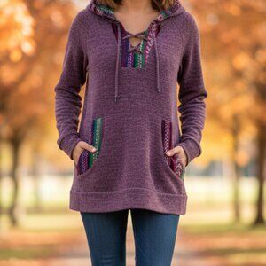 Skonhet Purple Heathered Aztec/Tribal Pattern Lace-Up Hoodie Tunic - Medium